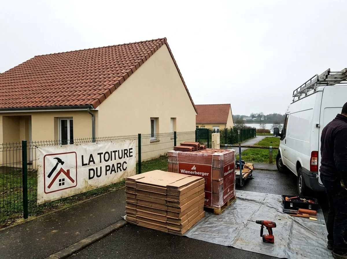 Chantier de La Toiture du Parc devant un pavillon en tuiles canal à Tournefeuille, bâche au nom de l'entreprise et palettes de tuiles neuves